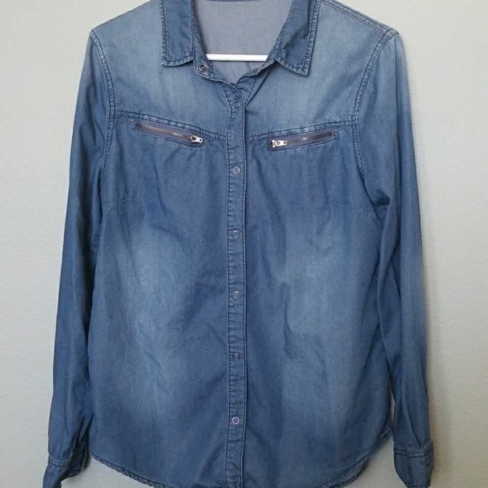 JUSTFAB Western Rodeo zipper chambray long sleeve button down Shirttail medium - Picture 3 of 8